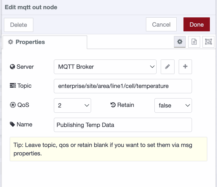 MQTT Out node — publishing data to a topic